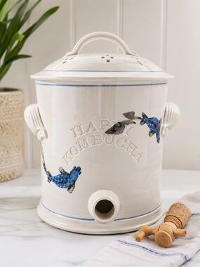 Ceramic 'Happy Kombucha' Dispenser with Blue Fish Accents